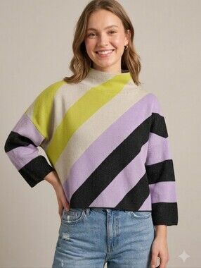 Maeve Anthropologie Stripe Boxy Mock Neck Cropped Sweater Dopamine Oversized